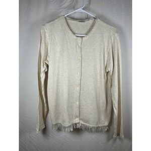 Lee Cream Fringe Hem Button Front Cardigan Sweater Womens XL Linen Blend Cream